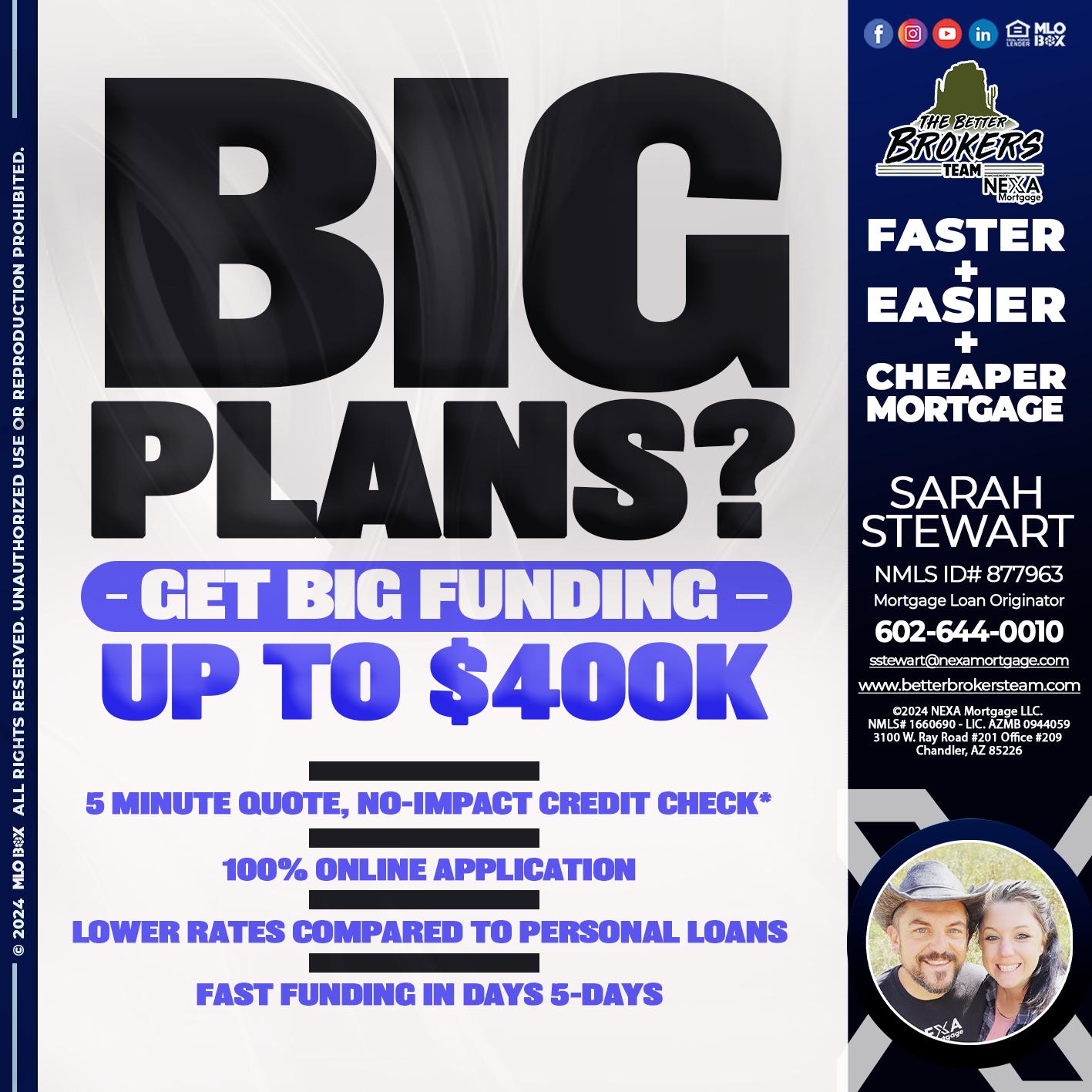 BIG PLANS - Sarah Stewart -Mortgage Loan Originator