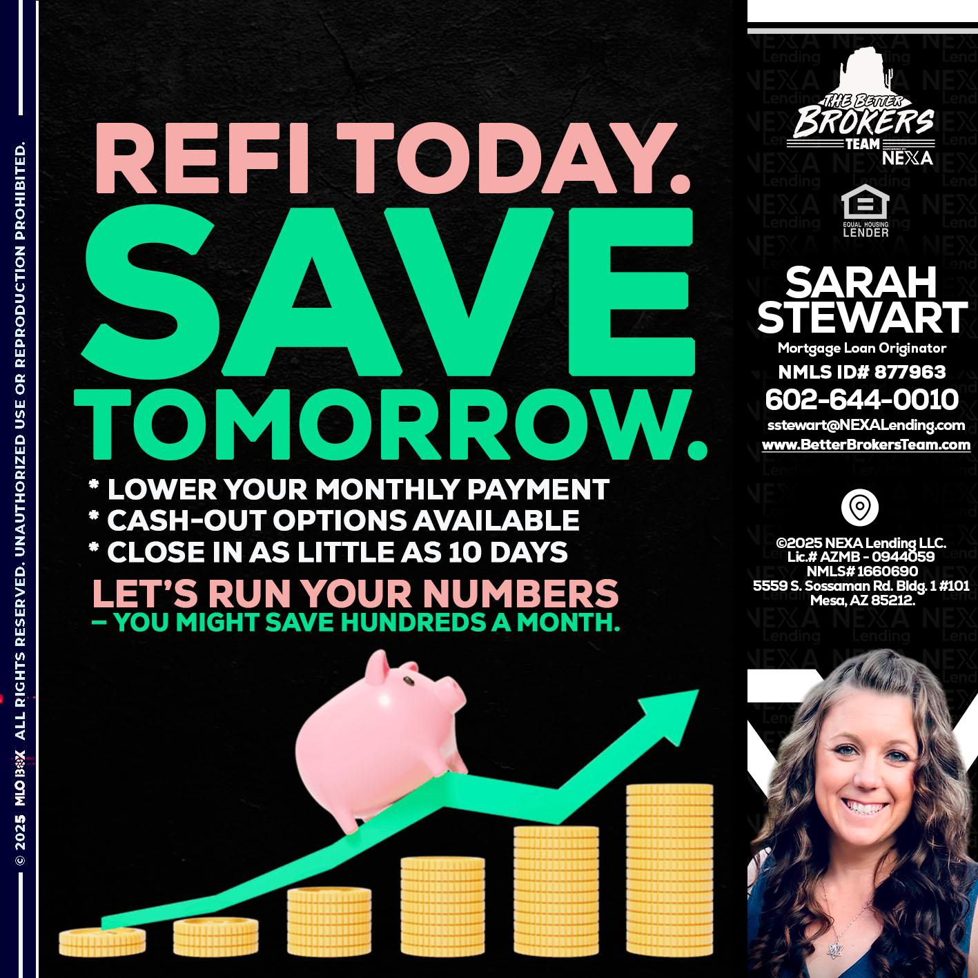REFI TODAY SAVE TOMORROW - Sarah Stewart -Mortgage Loan Originator