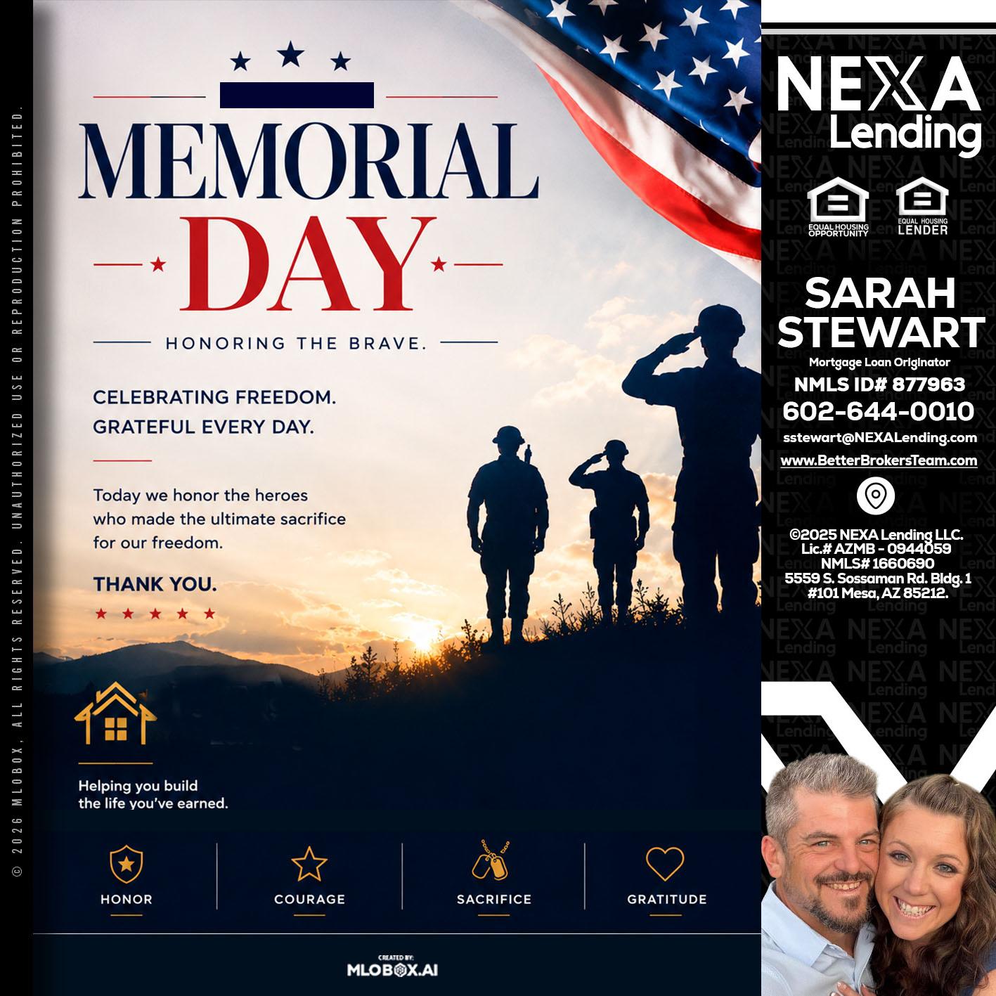MEMORIAL DAY - Sarah Stewart -Mortgage Loan Originator