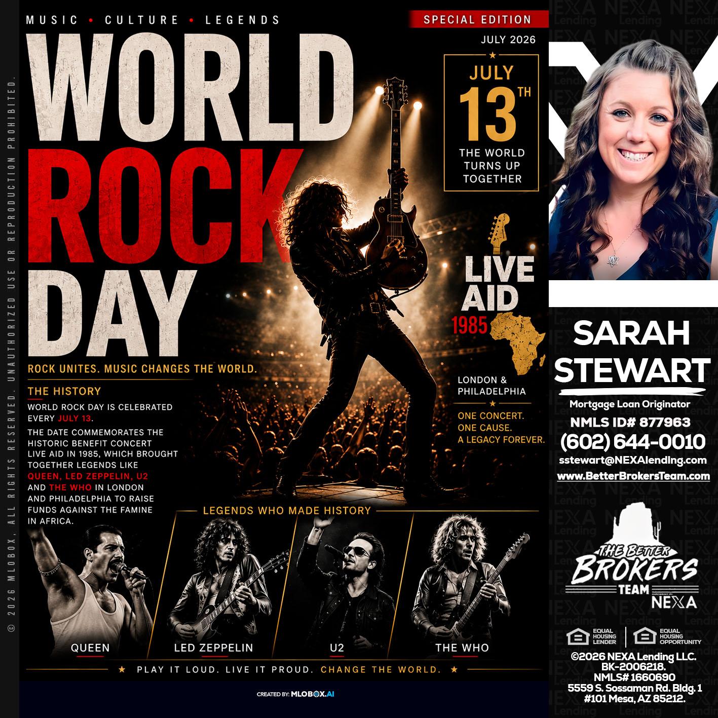 WORLD ROCK MUSIC DAY - Sarah Stewart -Mortgage Loan Originator
