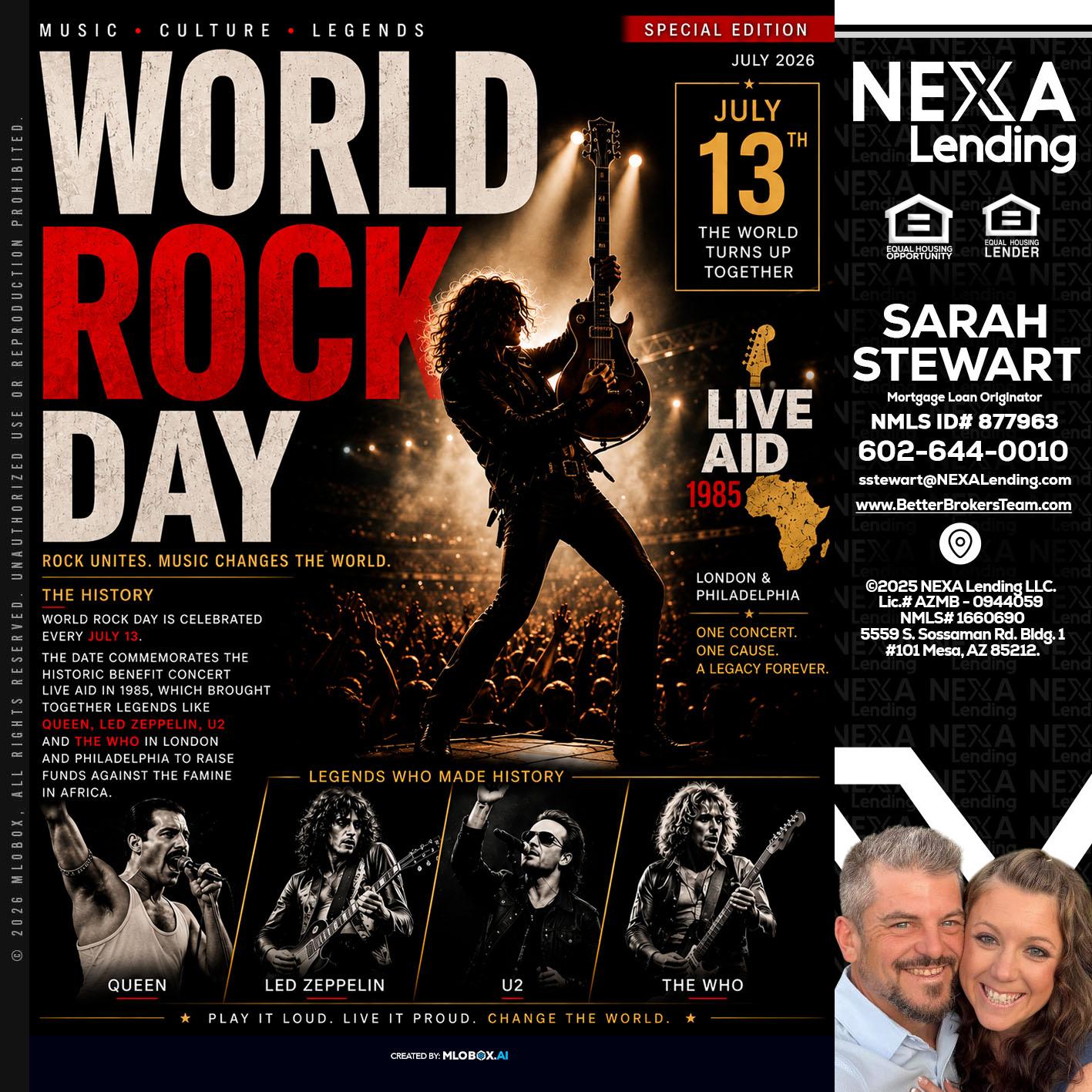WORLD ROCK MUSIC DAY - Sarah Stewart -Mortgage Loan Originator