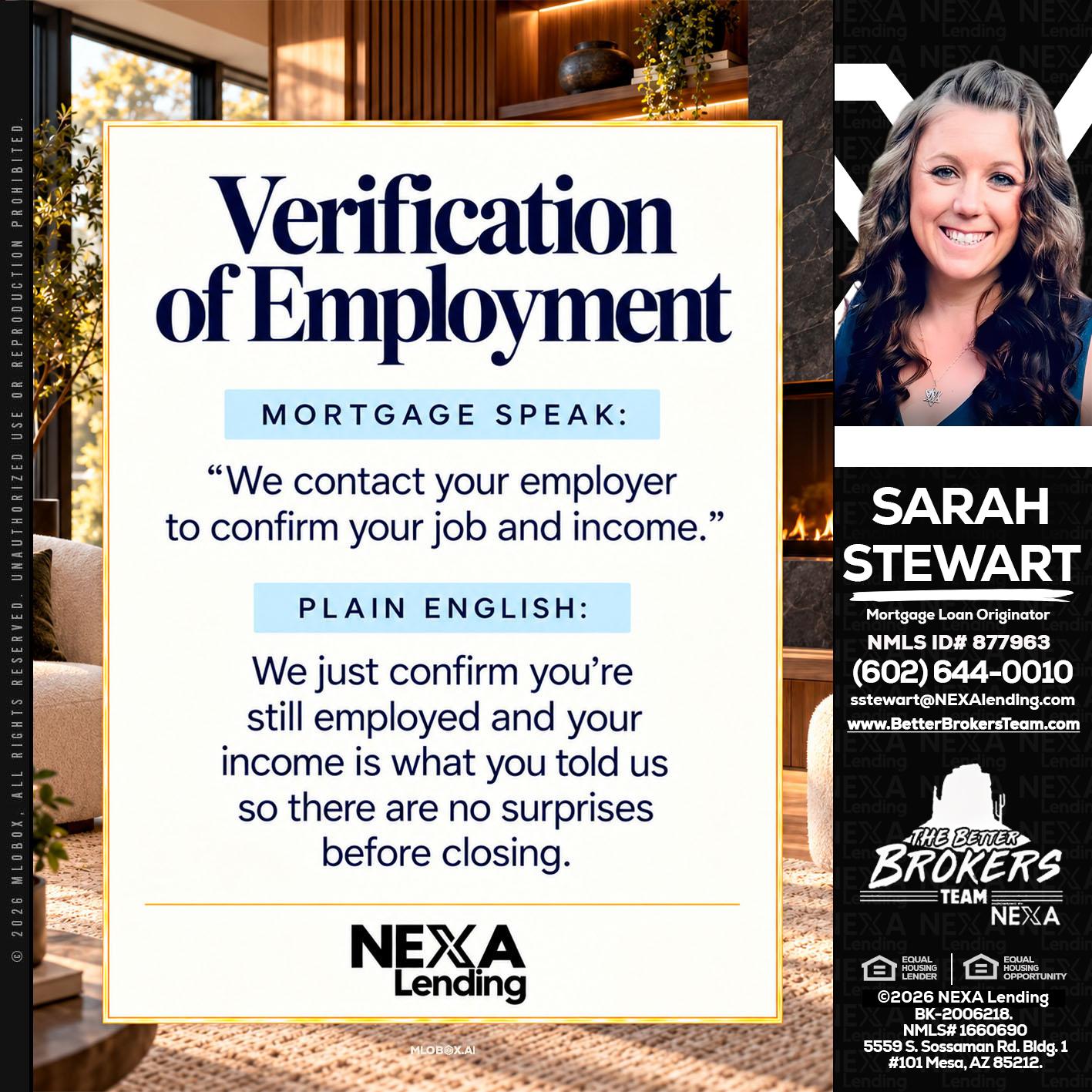 VERIFICATION OF EMPLOYMENT - Sarah Stewart -Mortgage Loan Originator